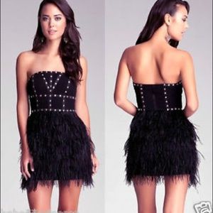 bebe Strapless Dress w/ Feathers + Studs